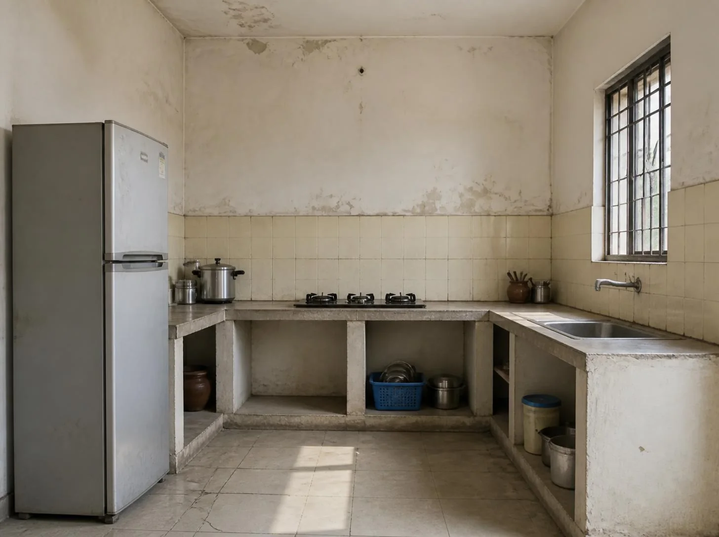 Before: the same kitchen, plain and dated (illustrative)