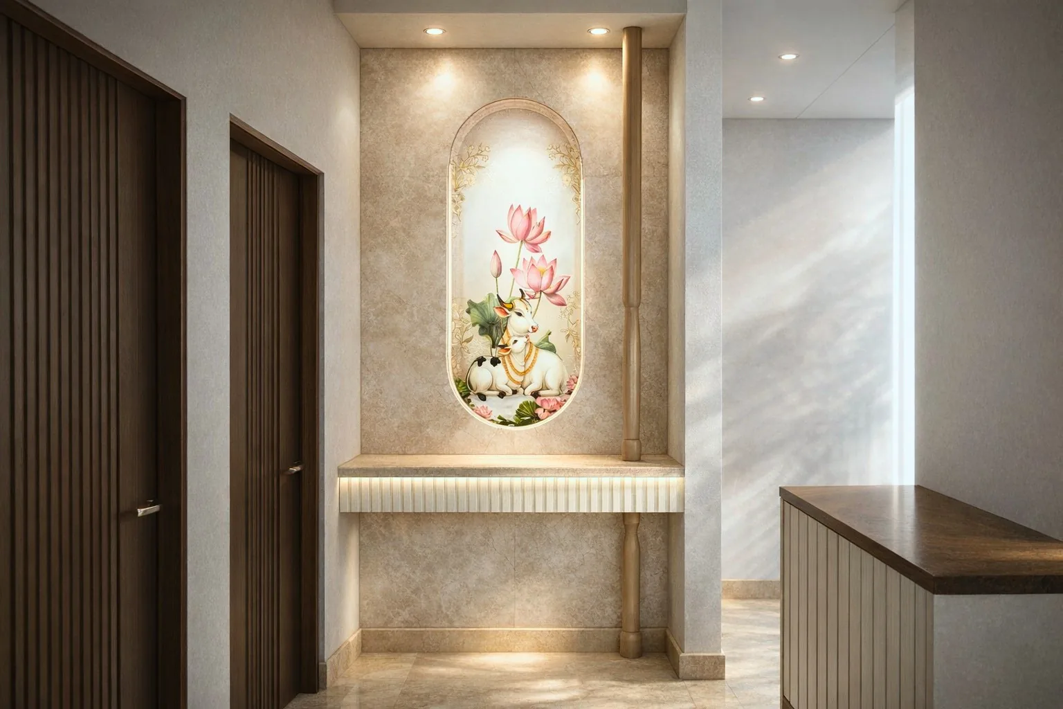 Pooja niche and entrance designed by Spazedo